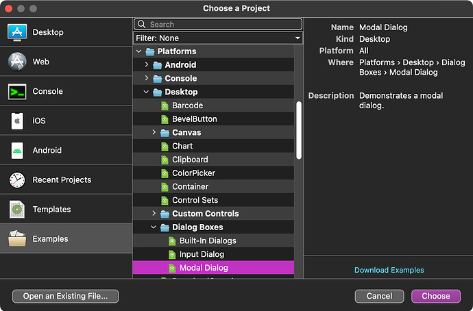 Example Projects > Platforms > Desktop > Dialog Boxes > Modal Dialog